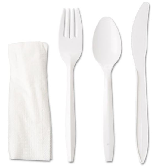 Medium Weight White Wrapped Plastic Cutlery Set with Napkin - 250/Case